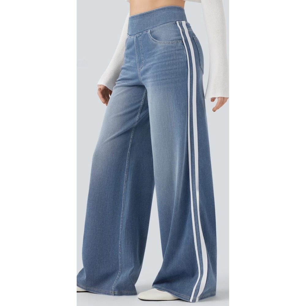 Halara HalaraFlex High Waisted Side Stripe Wide Leg Jeans Light Blue Medium Tall
